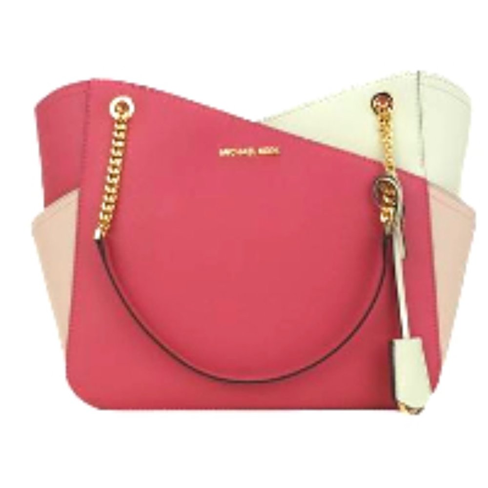 NWT Michael Kors Jet Set Leather Shoulder Bag Tote Pink Gold Chain Ivory Blush - Picture 13 of 16